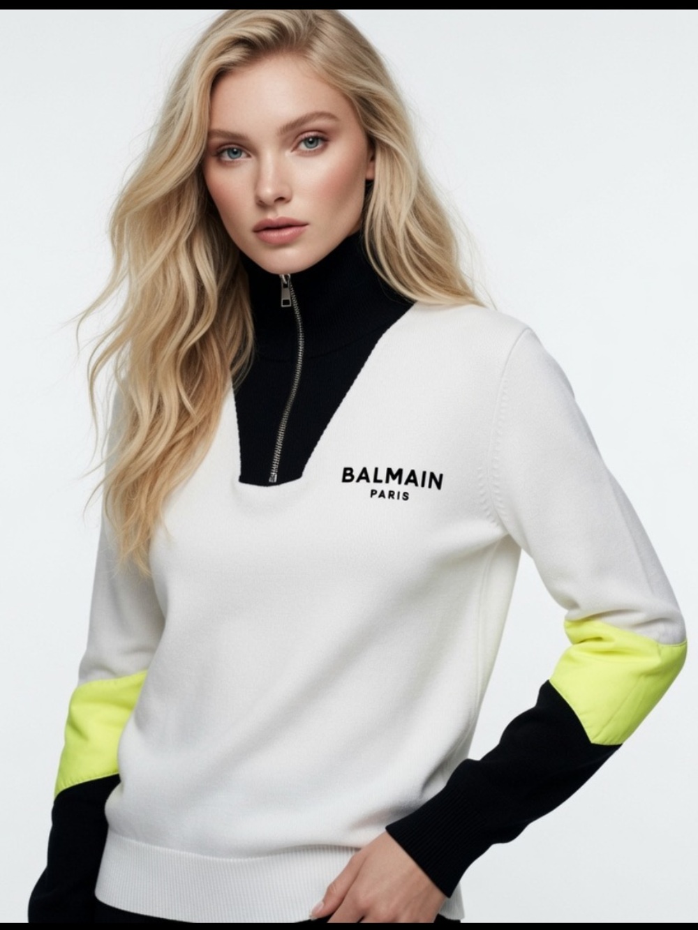 Balmain White Zip-Neck Sweater with Black Collar and Neon Yellow Panels $680 S